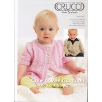 Crucci Knitting Pattern 1422, Baby Crew or Vee Cardigan, Lace or Rib Stitch, 4 Ply