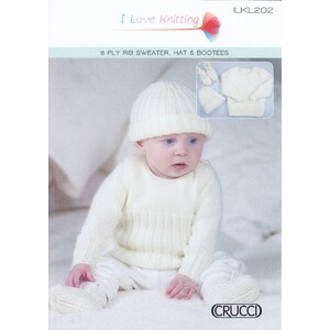 Crucci Knitting Pattern ILKL202, 8 Ply Rib Sweater, Hat and Booties