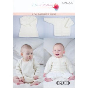 Crucci Knitting Pattern ILKL203, 8 Ply Cardigan and Dress, 0 - 12 Months