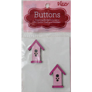 Vizzy Novelty Wooden Buttons, PINK Bird House, 33x25mm, Pack of 2