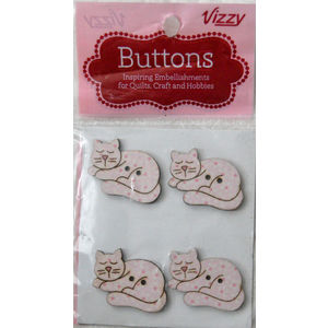 Vizzy Novelty Wooden Buttons Pink Kittens, 32x25mm, Pack of 4