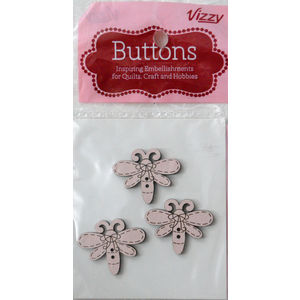 Vizzy Novelty Wooden Buttons, PINK Dragonfly, 30x25mm, Pack of 3
