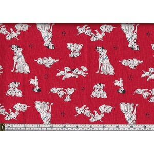 Cotton Fabric, Disney Dalmations Pongo Perdy & Puppies Red 112cm Wide, Per Metre