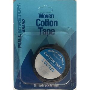 Full Stretch Brand Cotton Tape 6mm x 5 Metres BLACK Made In Australia