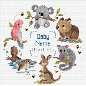 Country Threads LITTLE AUSSIE BIRTH SAMPLER Counted Cross Stitch Kit 25cm Round