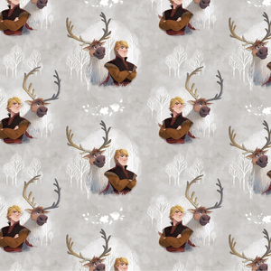 DISNEY FROZEN 2, KRISTOFF &amp; SVEN Watercolour Grey 110cm Wide Cotton Fabric