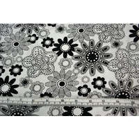 Funky Flowers White, 110cm Wide Per Metre, Black and White 100% Cotton Prints