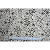 Cotton Fabric, Circle Flower Black on White, 110cm Wide Per Metre