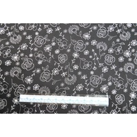 Cotton Fabric, Flower Sprigs White On Black, 110cm Wide Per Metre