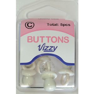 Vizzy Novelty Buttons, Pacifier (Dummie) Shape, WHITE (2), Pack of 5 Buttons 21x11mm