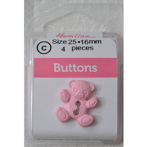 Hemline Novelty Buttons, 16mm Teddy Bear #117 Colour 15 Baby Pink, 4 Buttons Per Pack