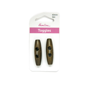 Hemline Buttons, Toggles Dark Woodtune 2 hole 40mm, Pack of 2 Toggles