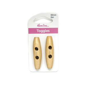 Hemline Buttons, Toggles Light Woodtune 2 hole 50mm, Pack of 2 Toggles
