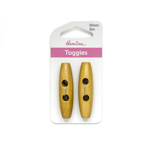 Hemline Buttons, Toggles Mid Woodtune 2 hole 50mm, Pack of 2 Toggles