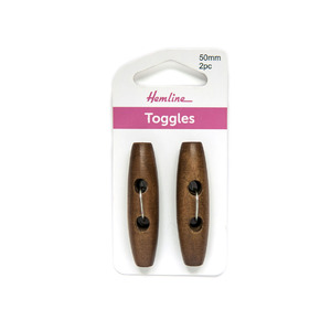Hemline Buttons, Toggles Dark Woodtune 2 hole 50mm, Pack of 2 Toggles