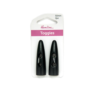 Hemline Buttons, &quot;Sharktooth&quot; Toggles Black 2 hole 50mm, Pack of 2 Toggles