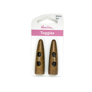 Hemline Buttons, &quot;Sharktooth&quot; Toggles Dark Wood 2 hole 50mm, Pack of 2 Toggles