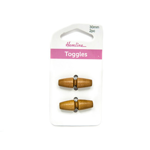 Hemline Buttons, Toggles Medium Wood 1 hole 30mm, Pack of 2 Toggles