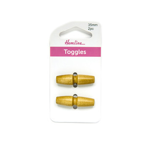 Hemline Buttons, Toggles Light Wood 1 hole 35mm, Pack of 2 Toggles