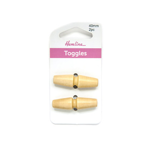 Hemline Buttons, Toggles Cream Wood 1 hole 40mm, Pack of 2 Toggles