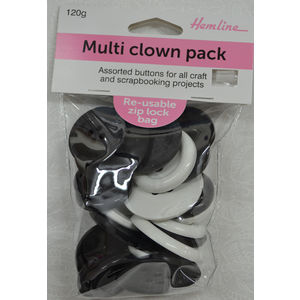 Hemline Buttons, Multi Clown Pack Large Buttons, 120g Net BLACK and WHITE