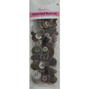 Hemline Buttons, Assorted Sized Buttons, 50g Net, BROWNS, GREYS