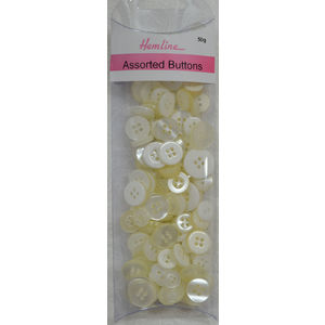 Hemline Buttons, Assorted Sized Buttons, 50g Net, WHITE Buttons