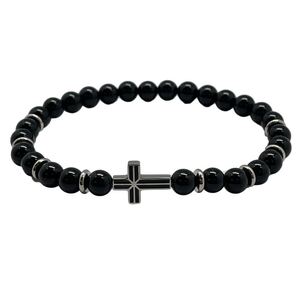 Bracelet Stainless Steel &amp; Hematite Beads with Cross JE40125