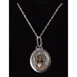 Sterling Silver SACRED HEART OF JESUS Coloured Medal Pendant and Chain, In Box