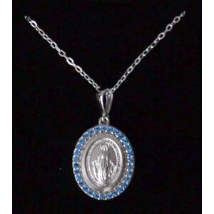 Sterling Silver MIRACULOUS Medal Pendant With Stones and Chain, Gift Boxed