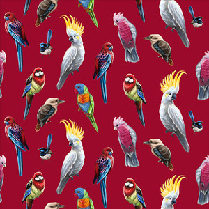 Australian Birds Of The Bush on RED, 112cm Wide Cotton Fabric 0158C