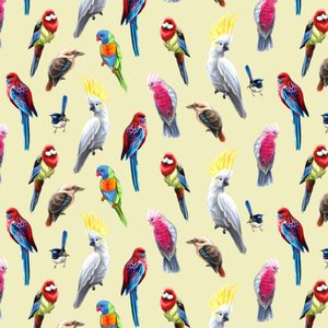 Australian Birds Of The Bush on YELLOW CREAM, 112cm Wide Cotton Fabric 0158E