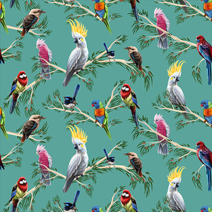 Australian Birds Of The Bush on TURQUOISE, 112cm Wide Cotton Fabric 0158H