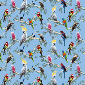 Australian Birds Of The Bush Branches on BLUE, 112cm Wide Cotton Fabric 0158I