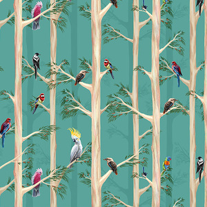 Australian Birds Of The Bush Among the Blue Gums TURQUOISE, 112cm Wide Cotton Fabric 0158J