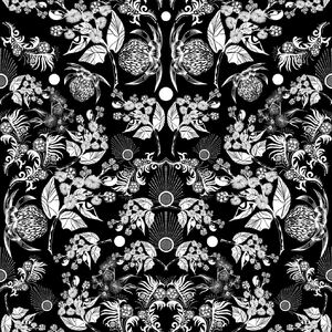 Botanicum Bliss Bush Beauty White on Black, 112cm Wide Quilting Fabric