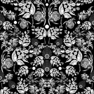 Botanicum Bliss Bush Beauty White on Black, 112cm Wide Quilting Fabric