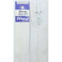 Vizzy Dress Zip, 20cm Colour 01 WHITE, A Quality Brand Name Zipper