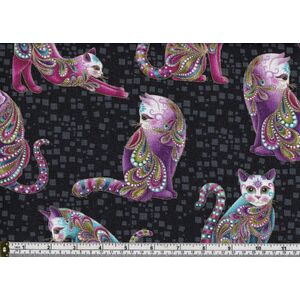 Cat-I-Tude, Artist-O-Cats Black, Gold Metallic Print Cotton Fabric 7122/112