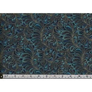 Cat-I-Tude, Feather Frolic Teal, Metallic Print, 110cm Wide Cotton Fabric 7122/554