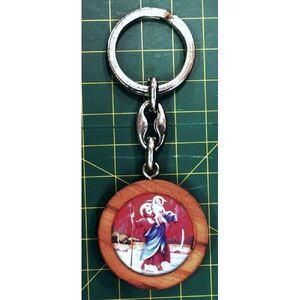 KeyRing St Christopher &amp; Padre Pio, Double Sided, 35mm Wood Disc, 95mm Long