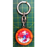 KeyRing St Christopher &amp; Padre Pio, Double Sided, 35mm Wood Disc, 95mm Long