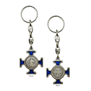 Keyring, Saint Benedict, Blue Enamelled Cross, Heavy Duty