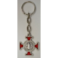 Keyring, Saint Benedict, RED Enamelled Cross, Heavy Duty