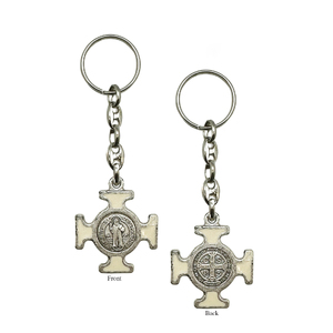 Keyring, Saint Benedict, WHITE Enamelled Cross, Heavy Duty