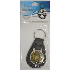 Our Lady of Perpetual Help Leather Keyring Medallion 30mm, 80mm Overall Length