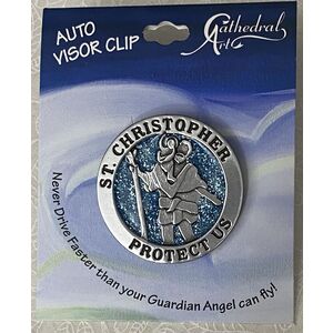 ST CHRISTOPHER Visor Clip, Enameled Metal, 44mm Diameter, Gift Card 100 x 75mm