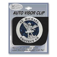 ST MICHAEL Visor Clip, Enameled Metal, 44mm Diameter, Gift Card 100 x 75mm