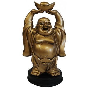 Standing Buddha Statue Holding Ingot above Head Antique Gold 195mm Resin