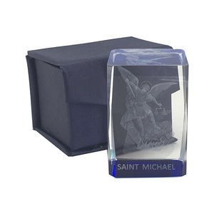 Laser Crystal Block, SAINT MICHAEL Image, Ornate Block. 40mm Sq. x 60mm
